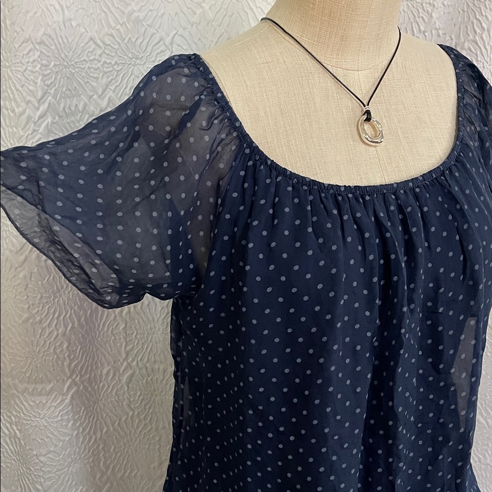 Chic Navy Sheer Blouse with Polka Dots - Picture 2 of 11